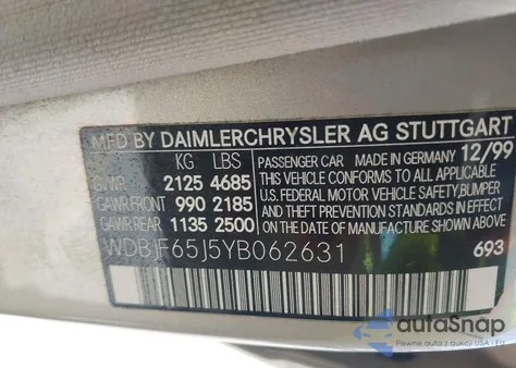 2000 Mercedes-Benz E 320 из США, поврежденный, VIN WDBJF65J5YB062631